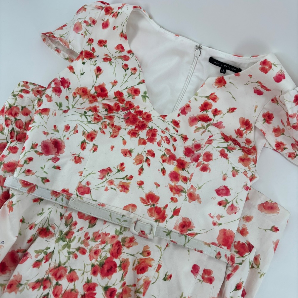 David‎ Meister Women Dress 6 White Floral Belted V-Neck Cap Sleeve Midi Cottage - Picture 3 of 11